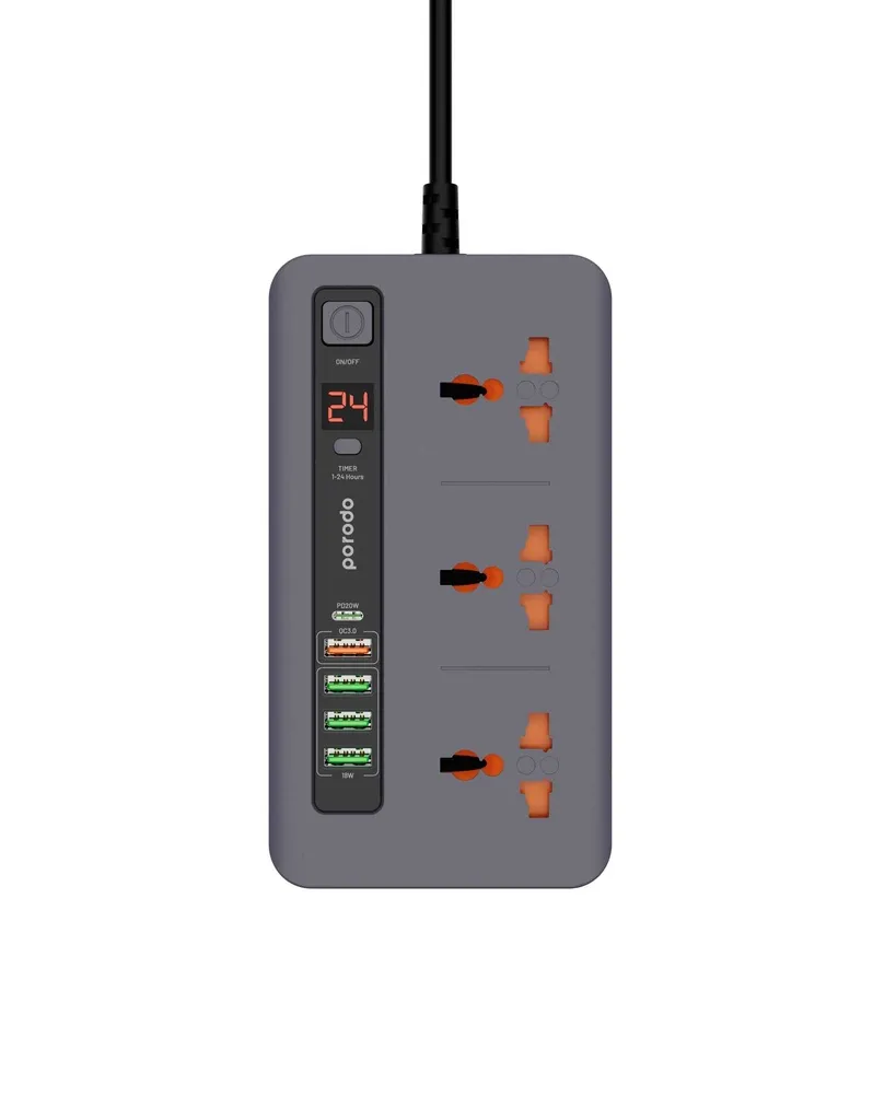چندراهی برق USB دار و تایمردار پرودو مدل Porodo PD-FWCH013 با کابل ۲ متری