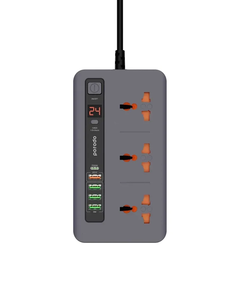 چندراهی برق USB دار و تایمردار پرودو مدل Porodo PD-FWCH013 با کابل ۲ متری