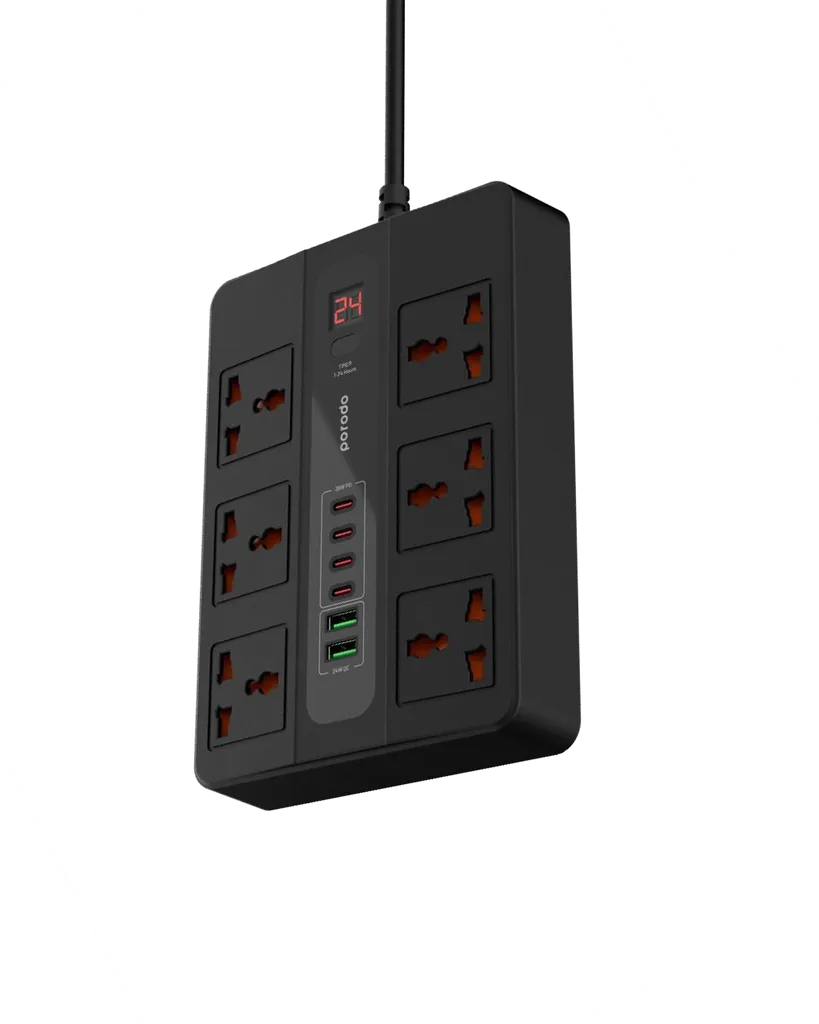 چندراهی و محافظ برق ۶ پریز پرودو مدل Porodo PD-FWCH009-3M با ۲ پورت USB-A و ۴ پورت USB-C