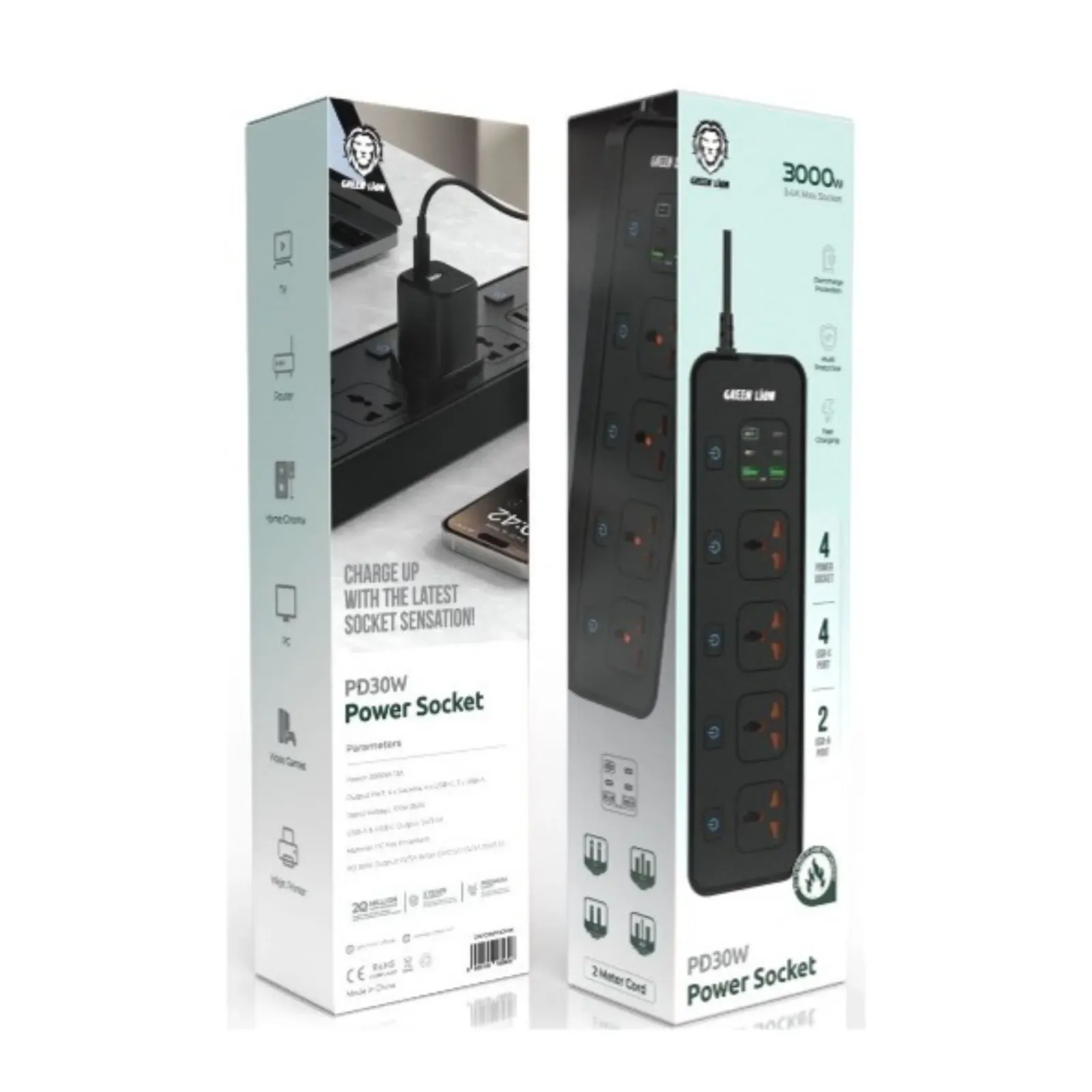 چندراهی برق ۲۵۰۰ وات گرین لاین مدل GS-500 با خروجی PD ۲۰ وات Green Lion GS-500 Power Socket PD 20W