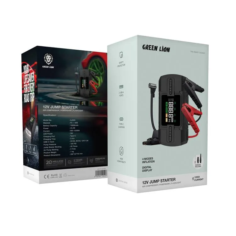 جامپ استارتر و کمپرسور باد قابل حمل گرین لاین Green Lion 12V Jump Starter 12000mAh GJS05