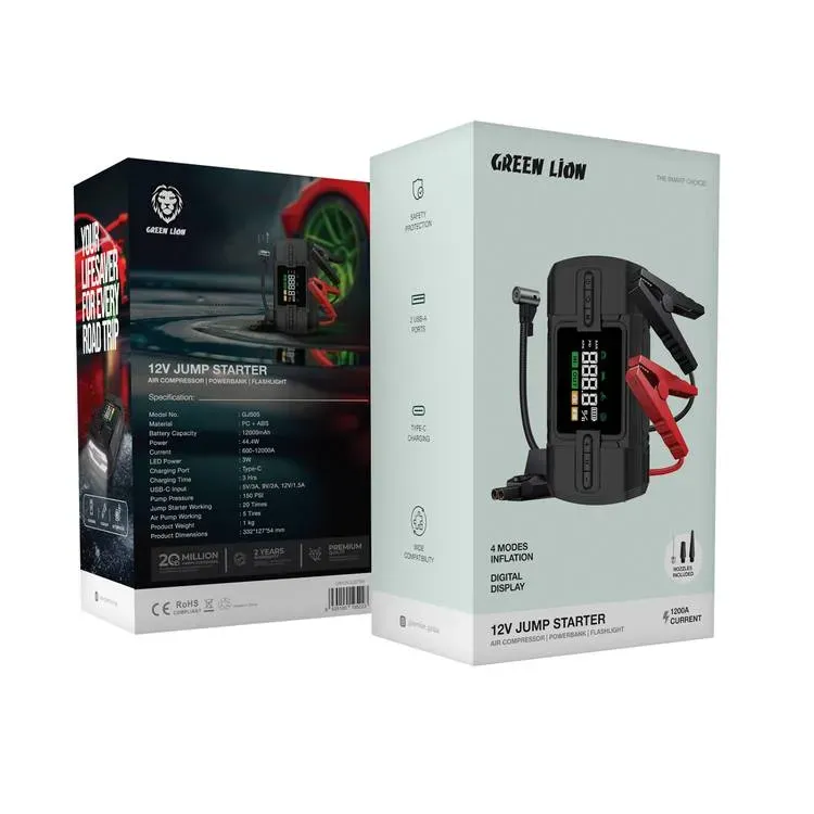 جامپ استارتر و کمپرسور باد قابل حمل گرین لاین Green Lion 12V Jump Starter 12000mAh GJS05