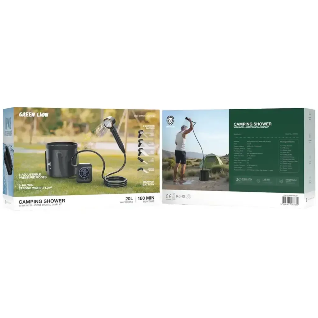 دوش کمپینگ شارژی با مخزن ۲۰ لیتری گرین لاین Green Lion Camping Shower with Intelligent Digital Display