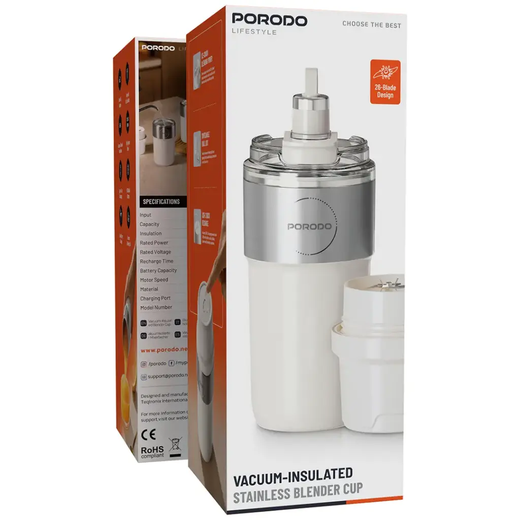 مخلوط کن پرودو با عایق گرما و سرما Porodo Lifestyle Vacuum-Insulated Stainless Blender Cup - White مدل PDGCZK378WH