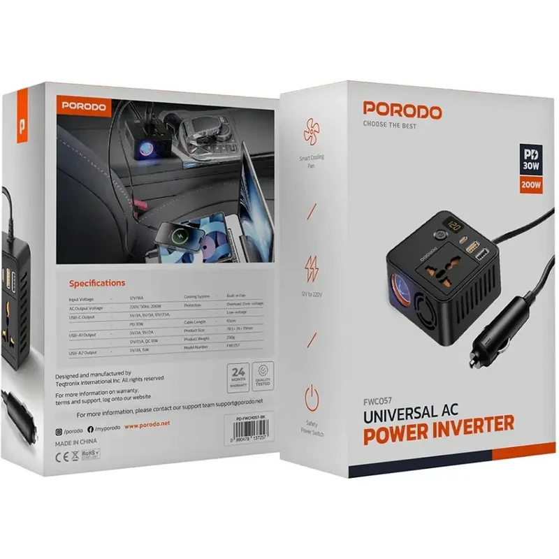 اینورتر 200 وات خودرو و شارژر فندکی فست شارژ پرودو Porodo Universal Ac Power Inverter FWC057