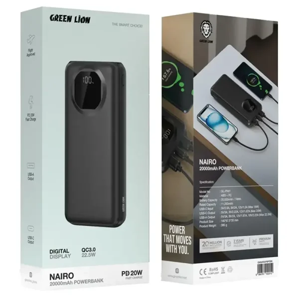 پاوربانک 20000 میلی آمپر گرین لاین مدل GNNAR20PBPD - Nairo Green Lion Nairo 20000mAh Power Bank PD 20W GNNAR20PBPD