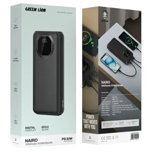 پاوربانک 20000 میلی آمپر گرین لاین مدل GNNAR20PBPD - Nairo Green Lion Nairo 20000mAh Power Bank PD 20W GNNAR20PBPD