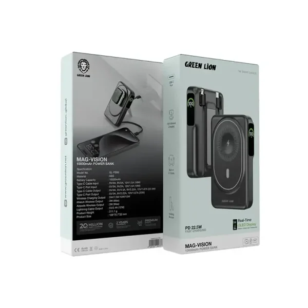 پاوربانک 22.5 وات گرین لاین مدل Mag-Vision ظرفیت 10000 میلی‌آمپر ساعت Green Lion Mag-Vision 10000mAh 22.5W Power Bank