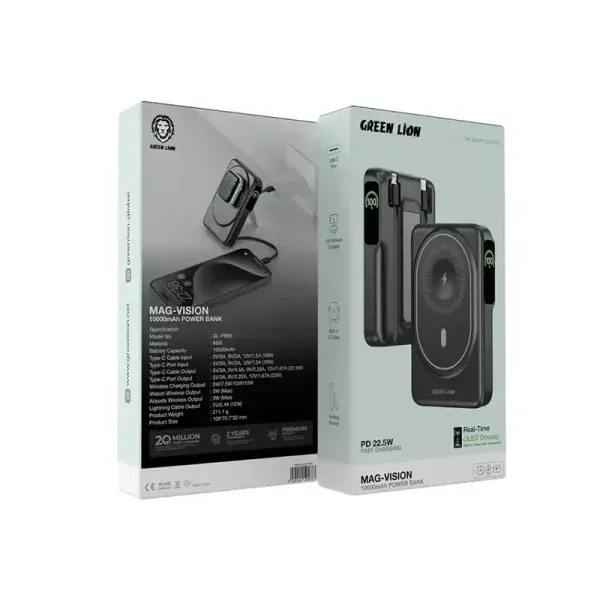 پاوربانک 22.5 وات گرین لاین مدل Mag-Vision ظرفیت 10000 میلی‌آمپر ساعت Green Lion Mag-Vision 10000mAh 22.5W Power Bank