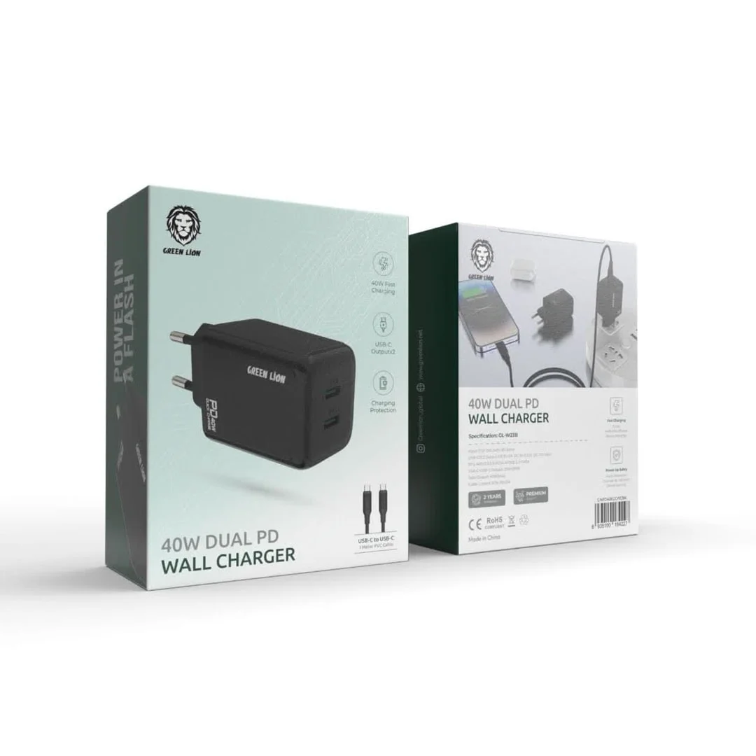 سری شارژ گرین لاین 40 وات به همراه کابل دوتا خروجی تایپ سی - Green Lion