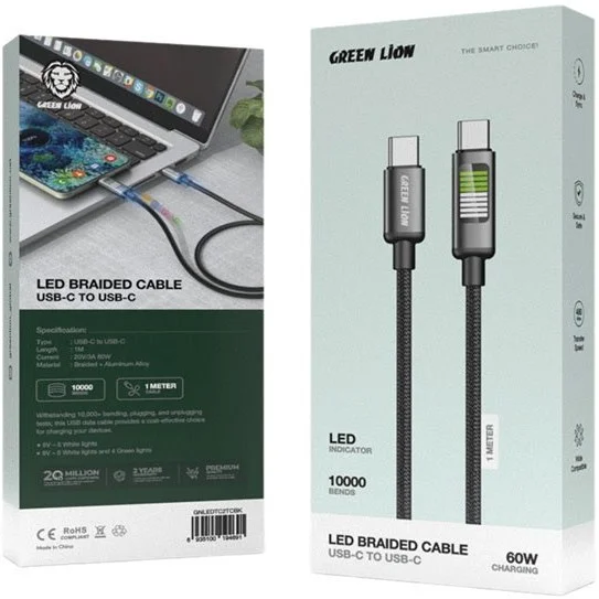 کابل شارژ گرین لاین نمایشگردار 1متر60وات TP-C به TP-C - Green Lion