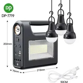 پکیج روشنایی خورشیدی قابل حمل DP-7719 با باتری ۸۰۰۰ میلی‌آمپر و سه لامپ LED