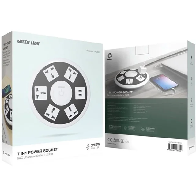 چندراهی برق ۷ کاره گرین لاین مدل GN7N1PSKT13WH با ۵ پریز و کابل ۲ متری Green Lion 7 in 1 Power Socket