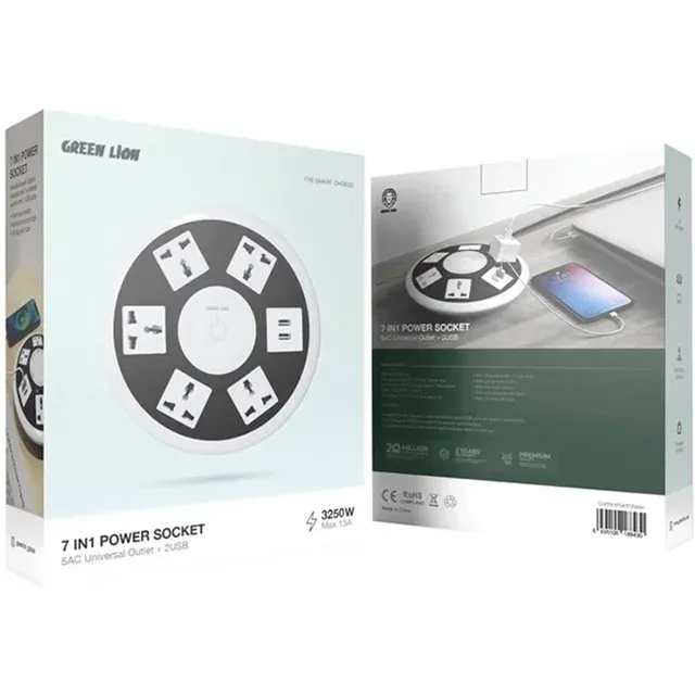 چندراهی برق ۷ کاره گرین لاین مدل GN7N1PSKT13WH با ۵ پریز و کابل ۲ متری Green Lion 7 in 1 Power Socket