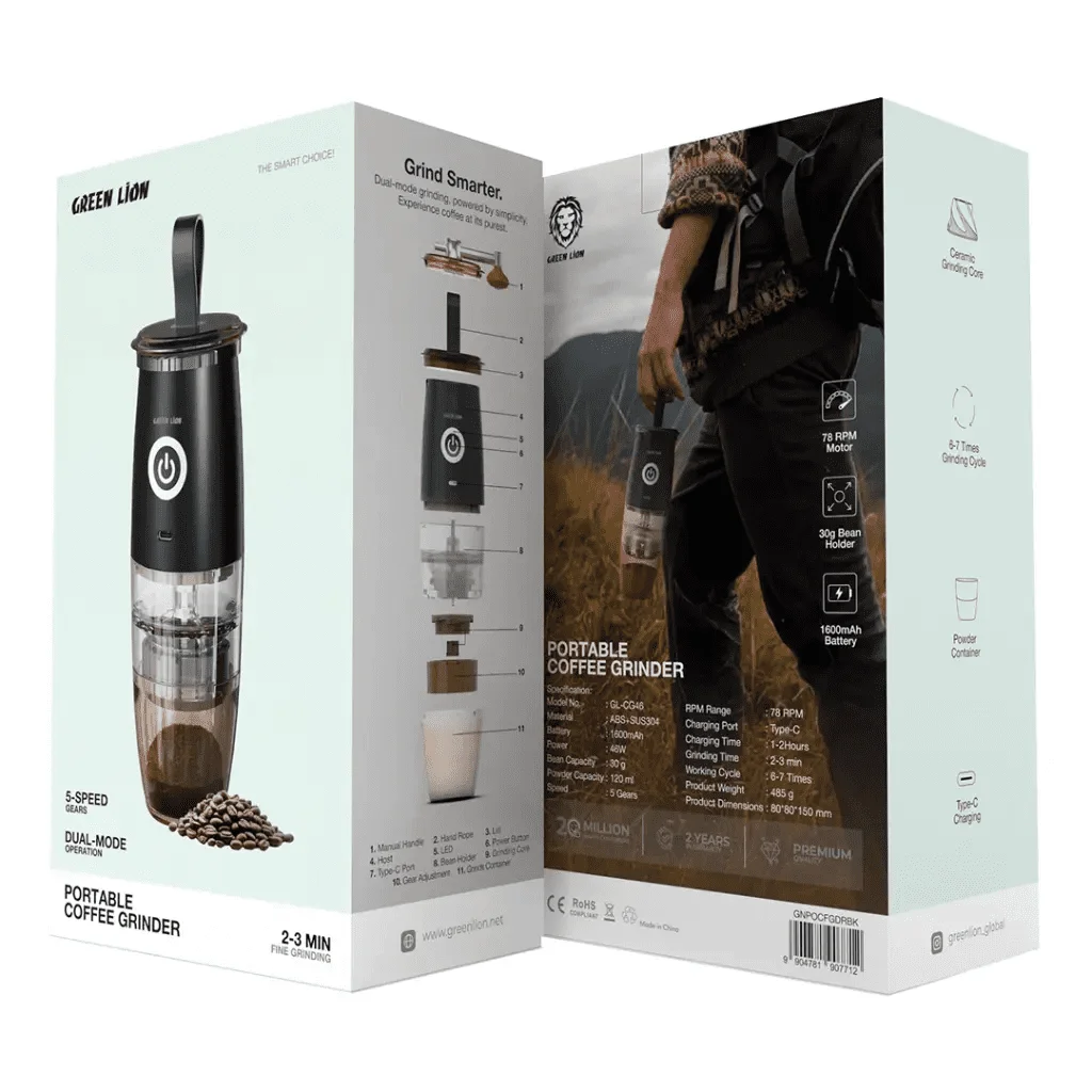 آسیاب قهوه شارژی گرین لاین Green Lion Grind Pro Coffee Grinder - Rechargeable Black مدل GNGRND45BK