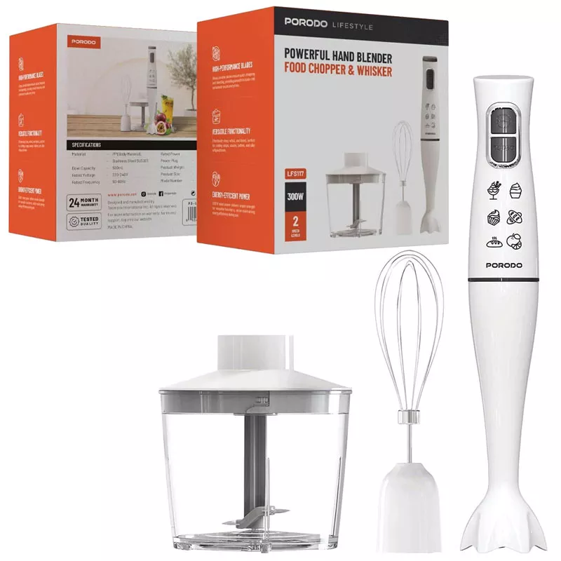 گوشت‌کوب، غذاساز و همزن برقی پرودو Porodo Lifestyle Powerful Hand Blender Food Chopper & Whisker - White مدل PD-LFST117-WH