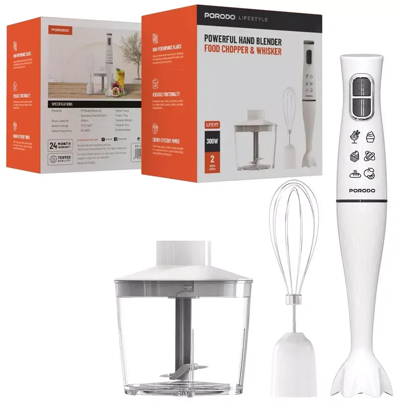 گوشت‌کوب، غذاساز و همزن برقی پرودو Porodo Lifestyle Powerful Hand Blender Food Chopper & Whisker - White مدل PD-LFST117-WH